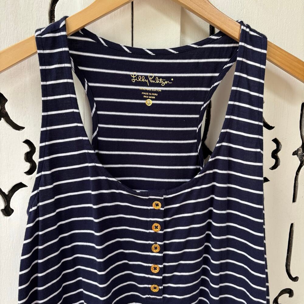 Lilly Pulitzer Jennalyn Navy Palm Stripe Pima Cotton Henley Racerback Dress S - Picture 3 of 7